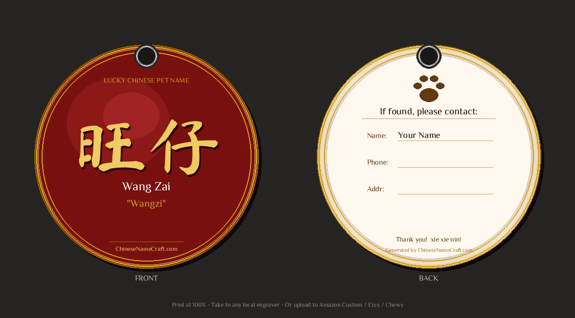 Sample Chinese pet tag — front shows 旺仔 in gold calligraphy on red enamel, back shows contact fields on cream